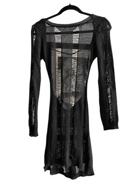 Black Distressed Bodycom Party Long Sleeve Knit Dress - Small